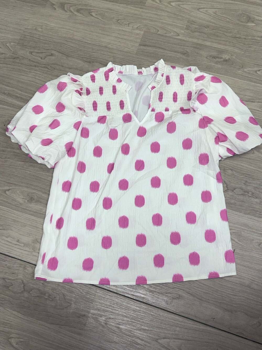Pink and White Polka Dot Shirred Yoke Notched Neck Puff Sleeve Blouse